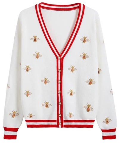 High Quality Fashion Designer Bee Embroidery Cardigan Long Sleeve Single Breasted Contrast Color Button Knitted Sweaters C-068